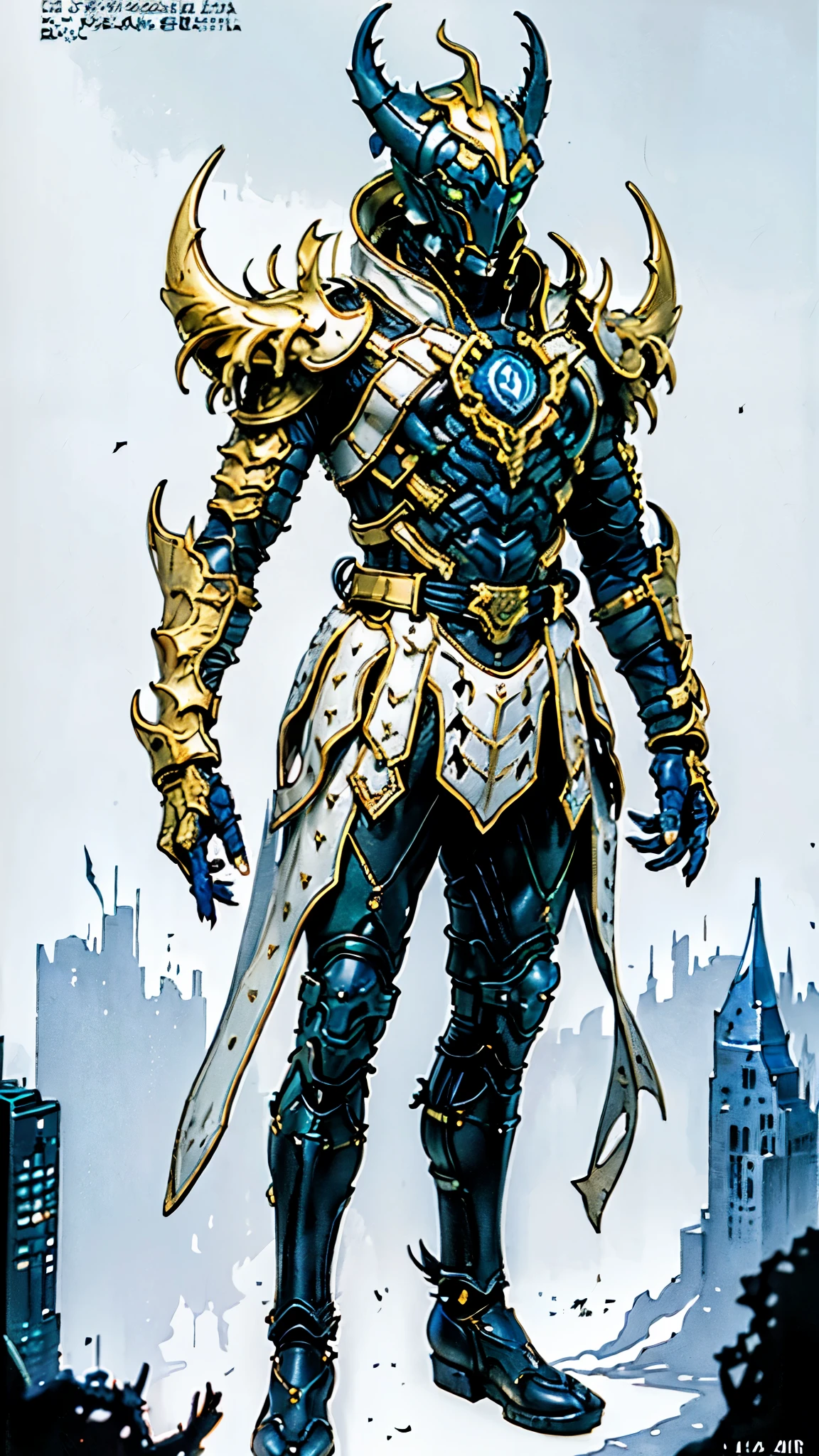 A man wearing a full-face helmet, a fantasy-style biotech armored combat suit, green eyes, (a composite layered chest armor), fully enclosed shoulder guards, matching arm and leg guards, the belt is adorned with fangs biting into gemstone, (the color scheme is primarily white with red and blue accents), the design balances heavy with agility, a high-tech bio-mecha armor, (Armor Concept Inspired by cobra, stand on the top of a skyscraper in a futuristic sci-fi city), this character embodies a finely crafted fantasy-surreal style armored hero in anime style, exquisite and mature manga art style, (battle damage, element, plasma, energy, the armor glows), ((furrycobra:1.2, male:1.5)), metallic, real texture material, dramatic, high definition, best quality, highres, ultra-detailed, ultra-fine painting, extremely delicate, professional, perfect body proportions, golden ratio, anatomically correct, symmetrical face, extremely detailed eyes and face, high quality eyes, creativity, RAW photo, UHD, 32k, Natural light, cinematic lighting, masterpiece-anatomy-perfect, masterpiece:1.5