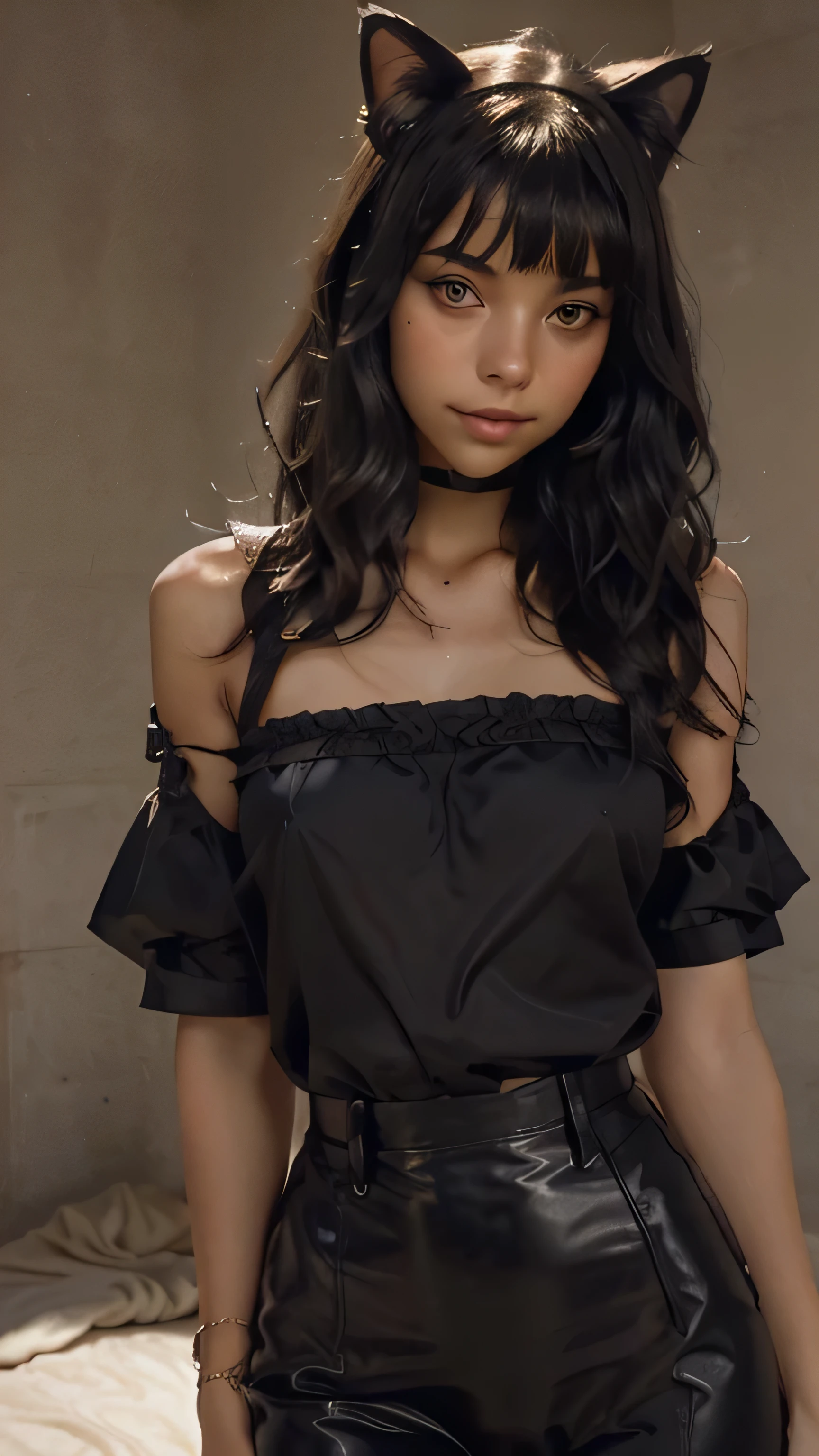 A girl , medium breast, perfect light, 159cm tall, Slim toned body, black hair, medium Bob wavy hair, princess expression, cute, catears, sexy, beautyful, Masterpiece, realistic