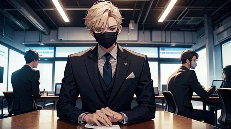 masked men wearing a suit , sitting in a youtube office , computers on table , front view , YOUTUBE , teaching and explaining