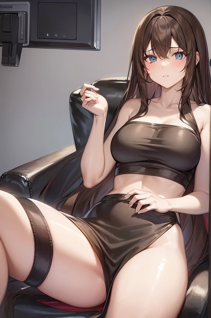 a 20 year old girl with long brown hair sitting in a gaming chair she feels sexy she is slimeing she is naked (naked body)