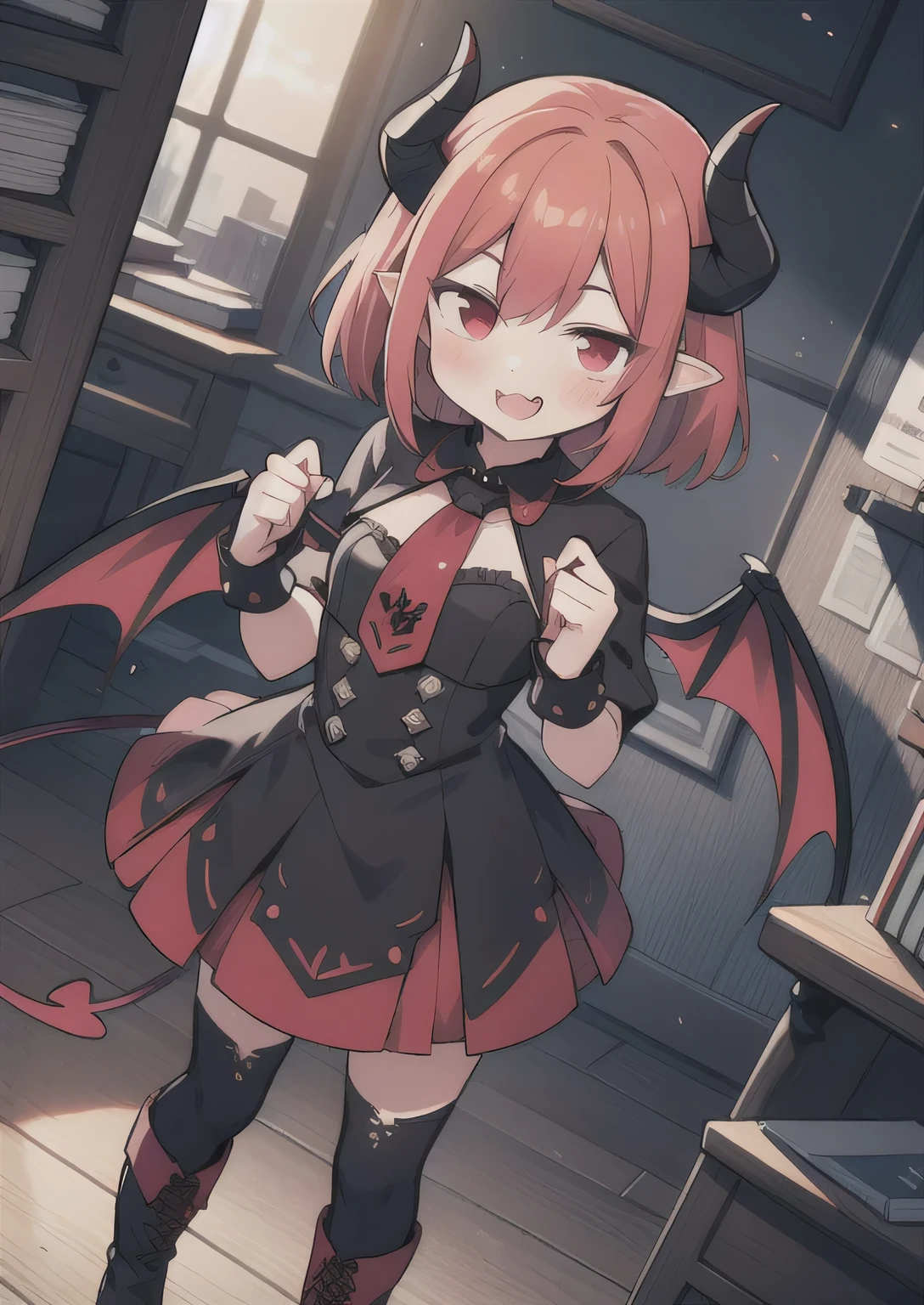 8K, 1girl, 1man, petit, teen, kawaii vampire, crimson hair, short hair, red eyes, bat wings, smile, (blush), (shy), fang, boots, looking at viewer,  dynamic angle, wind, game cg, fantastic scenery, demon tail, black horns, demon girl kissing her mail teacher