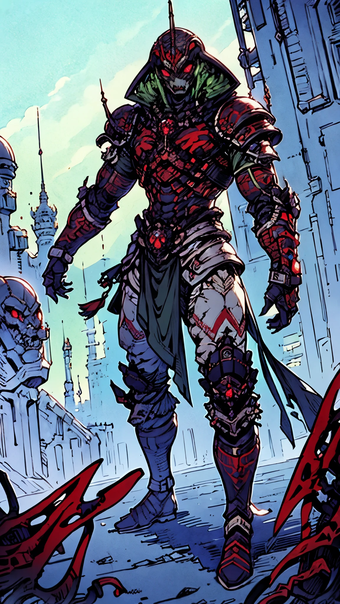 A man wearing a full-face helmet, a fantasy-style biotech armored combat suit, green eyes, (a composite layered chest armor), fully enclosed shoulder guards, matching arm and leg guards, the belt is adorned with fangs biting into gemstone, (the color scheme is primarily white with red and blue accents), the design balances heavy with agility, a high-tech bio-mecha armor, (Armor Concept Inspired by cobra, stand on the top of a skyscraper in a futuristic sci-fi city), this character embodies a finely crafted fantasy-surreal style armored hero in anime style, exquisite and mature manga art style, (battle damage, element, plasma, energy, the armor glows), ((furrycobra:1.2, male:1.5)), metallic, real texture material, dramatic, high definition, best quality, highres, ultra-detailed, ultra-fine painting, extremely delicate, professional, perfect body proportions, golden ratio, anatomically correct, symmetrical face, extremely detailed eyes and face, high quality eyes, creativity, RAW photo, UHD, 32k, Natural light, cinematic lighting, masterpiece-anatomy-perfect, masterpiece:1.5