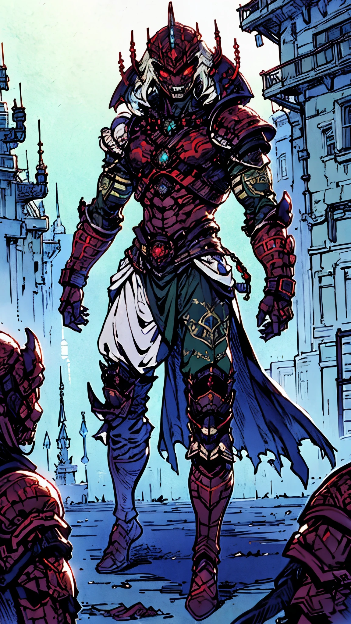 A man wearing a full-face helmet, a fantasy-style biotech armored combat suit, green eyes, (a composite layered chest armor), fully enclosed shoulder guards, matching arm and leg guards, the belt is adorned with fangs biting into gemstone, (the color scheme is primarily white with red and blue accents), the design balances heavy with agility, a high-tech bio-mecha armor, (Armor Concept Inspired by cobra, stand on the top of a skyscraper in a futuristic sci-fi city), this character embodies a finely crafted fantasy-surreal style armored hero in anime style, exquisite and mature manga art style, (battle damage, element, plasma, energy, the armor glows), ((furrycobra:1.2, male:1.5)), metallic, real texture material, dramatic, high definition, best quality, highres, ultra-detailed, ultra-fine painting, extremely delicate, professional, perfect body proportions, golden ratio, anatomically correct, symmetrical face, extremely detailed eyes and face, high quality eyes, creativity, RAW photo, UHD, 32k, Natural light, cinematic lighting, masterpiece-anatomy-perfect, masterpiece:1.5