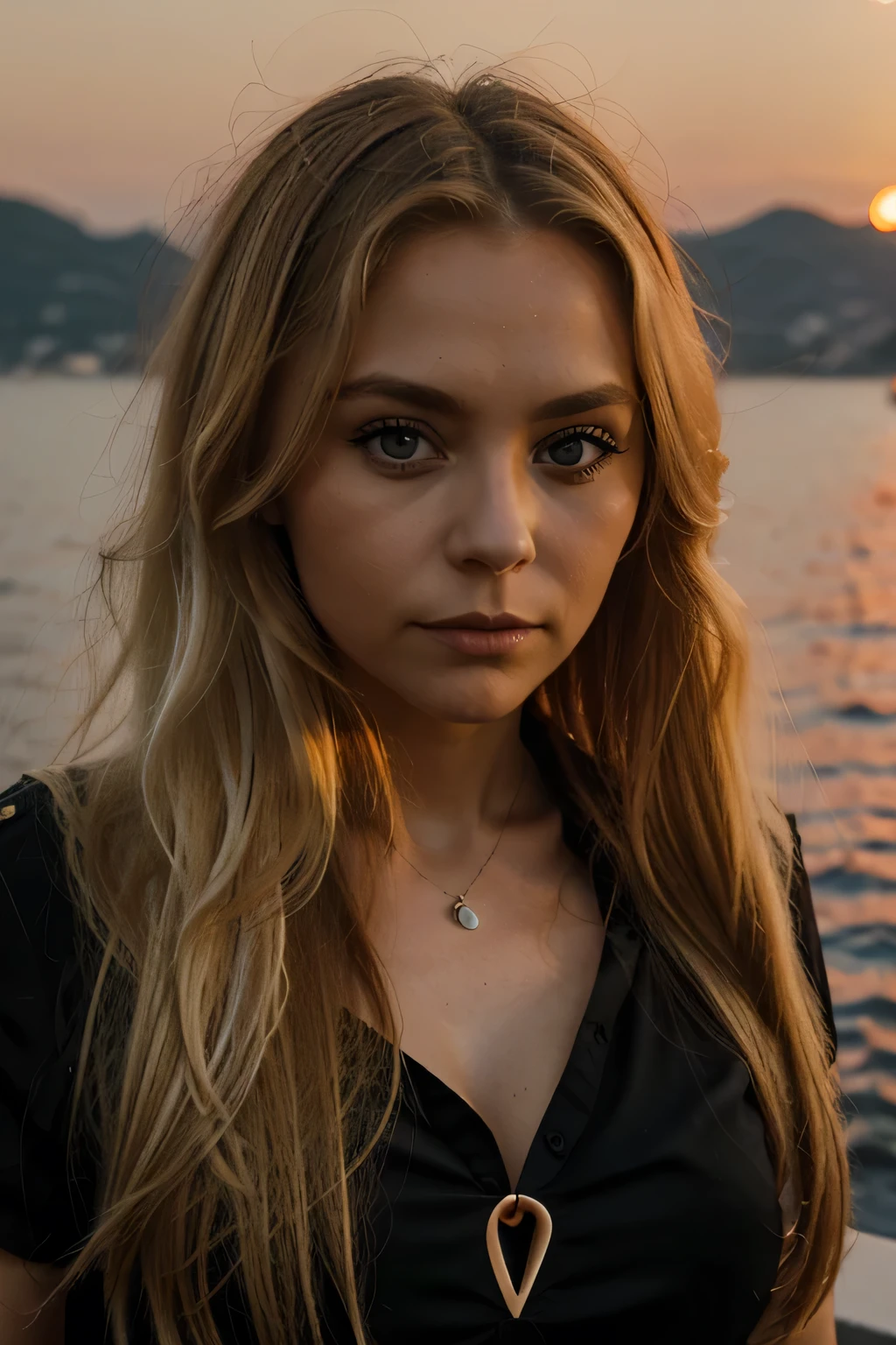 eine Frau, 35 Jahre alt, eine Frau mit blonden Haaren und einem roten Blumenrock, long blonde hair and big eyes, blonde hair and big eyes, sunset in croatia, calm, Brunette with dyed blonde hair,