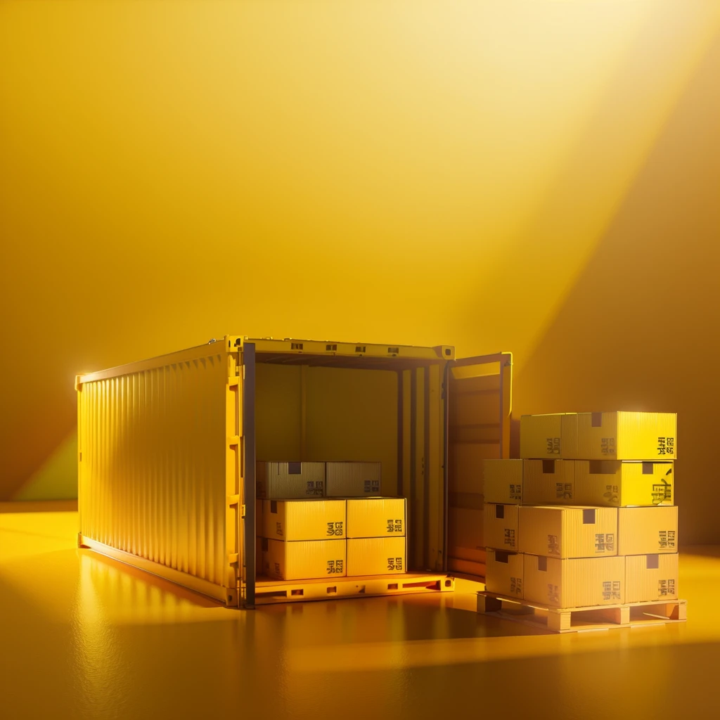 a close up of a yellow color container with boxes on a pallet, in a studio, golden lighting stock illustration, semi - realistic render, full pallet image, shipping containers, high quality 3 d render, high quality 3d render, high quality stock picture, exploitable image, photographic render, stock photo, highly photographic render, delivering parsel box, high quality product image”, digital render, rendering 
