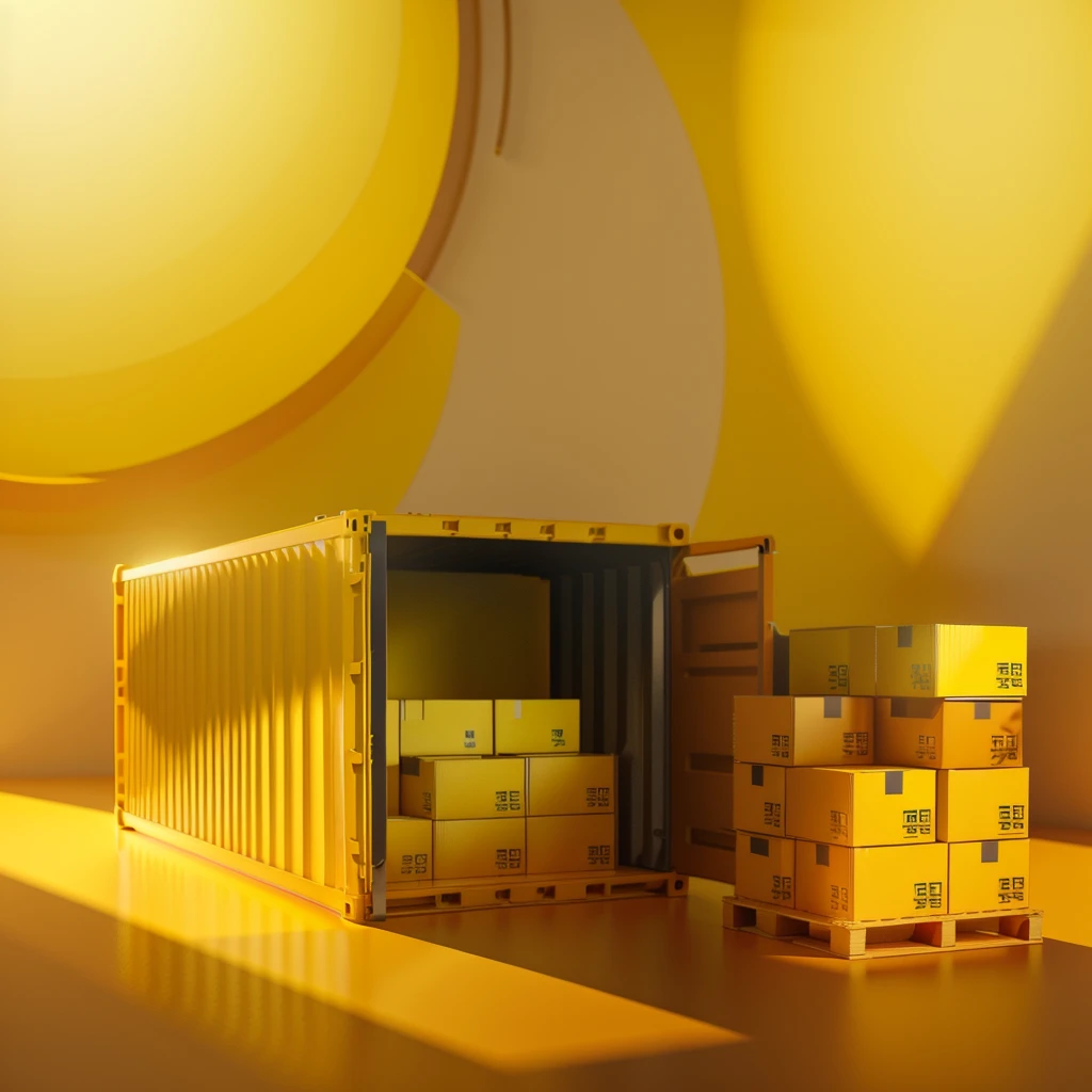 a close up of a yellow color container with boxes on a pallet, in a studio, golden lighting stock illustration, semi - realistic render, full pallet image, shipping containers, high quality 3 d render, high quality 3d render, high quality stock picture, exploitable image, photographic render, stock photo, highly photographic render, delivering parsel box, high quality product image”, digital render, rendering