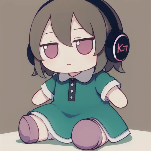 1girl, solo, sucrosedef, fumo, doll, sitting, short brown hair, headphones on head, pink eyes, short mint green dress