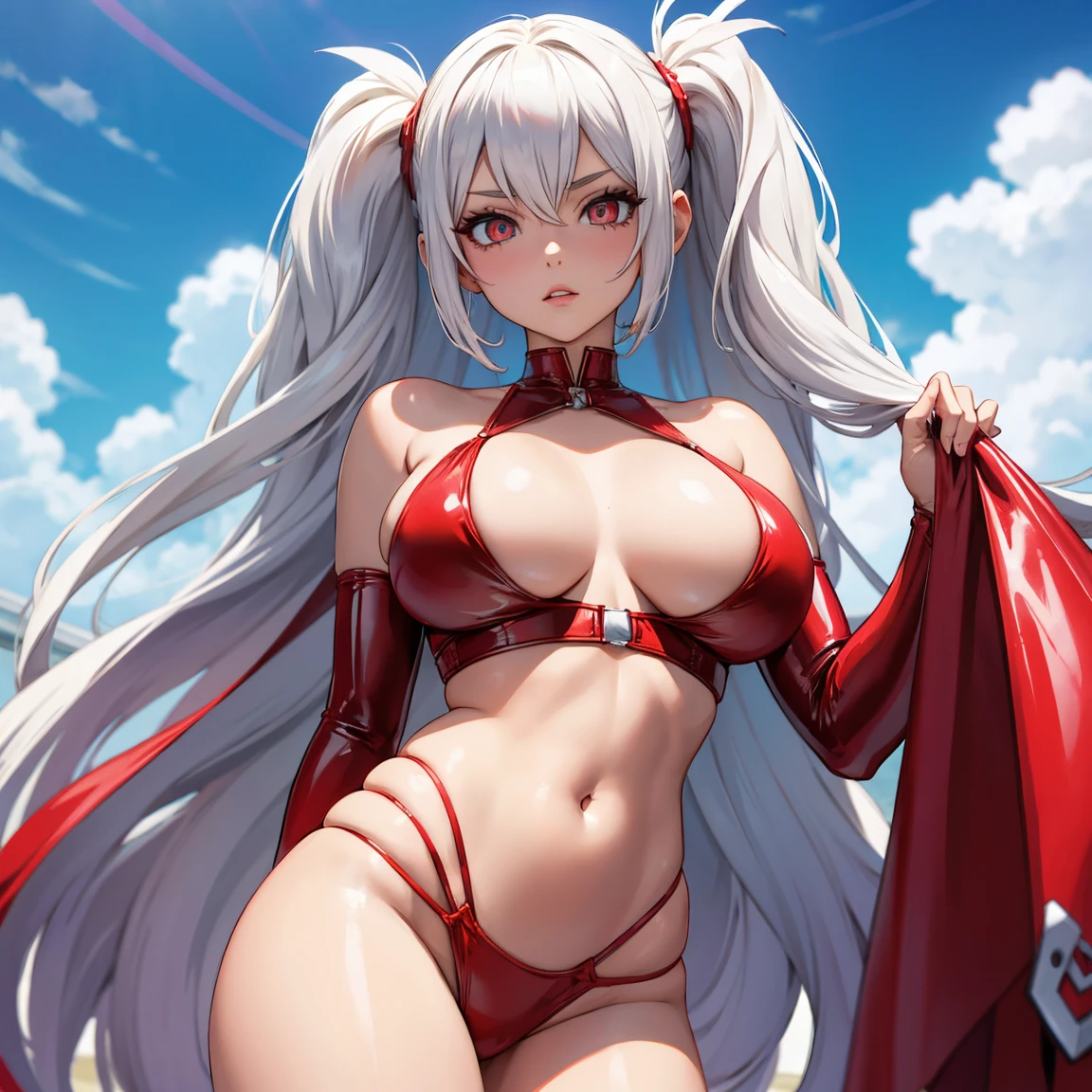 anime style mujer adult hair long white and eyes color red, con un bikini de latex