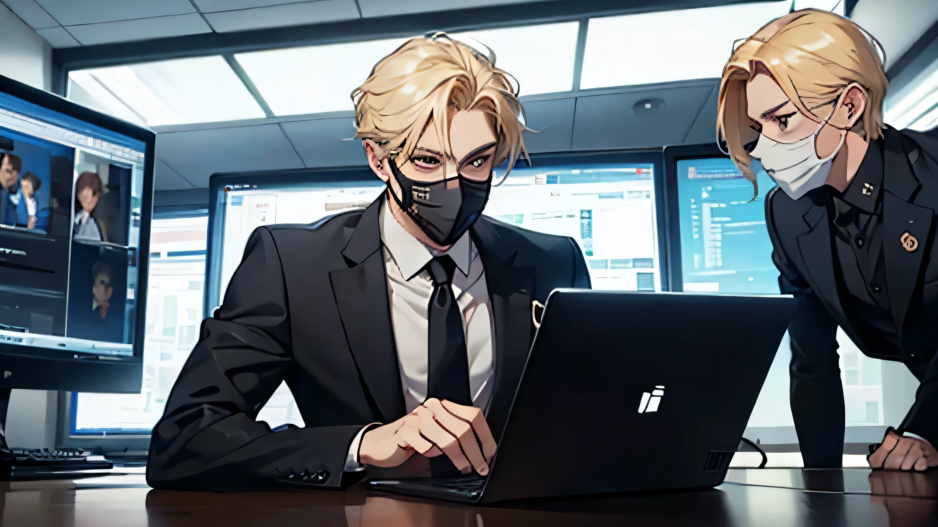masked men wearing a suit , sitting in a youtube office , computers on table , front view , YOUTUBE , teaching and explaining , blonde hair