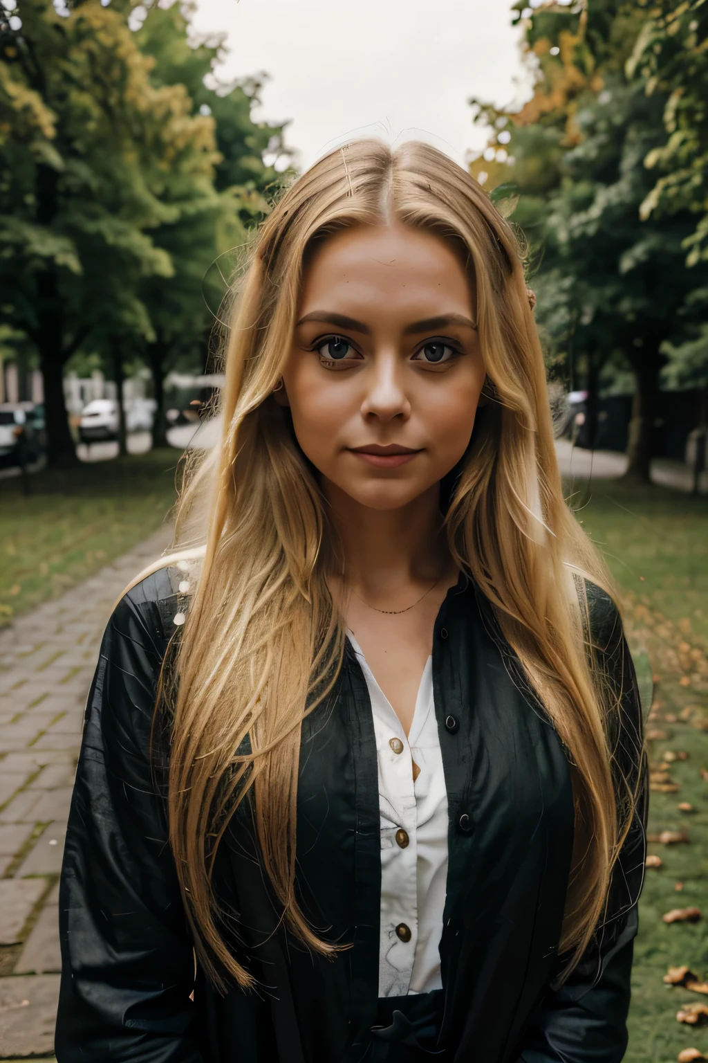 eine Frau, 35 Jahre alt, eine Frau mit blonden Haaren, long blonde hair and big eyes, blonde hair and big eyes, outside, London, calm, peacefull, very happy, Brunette with dyed blonde hair,