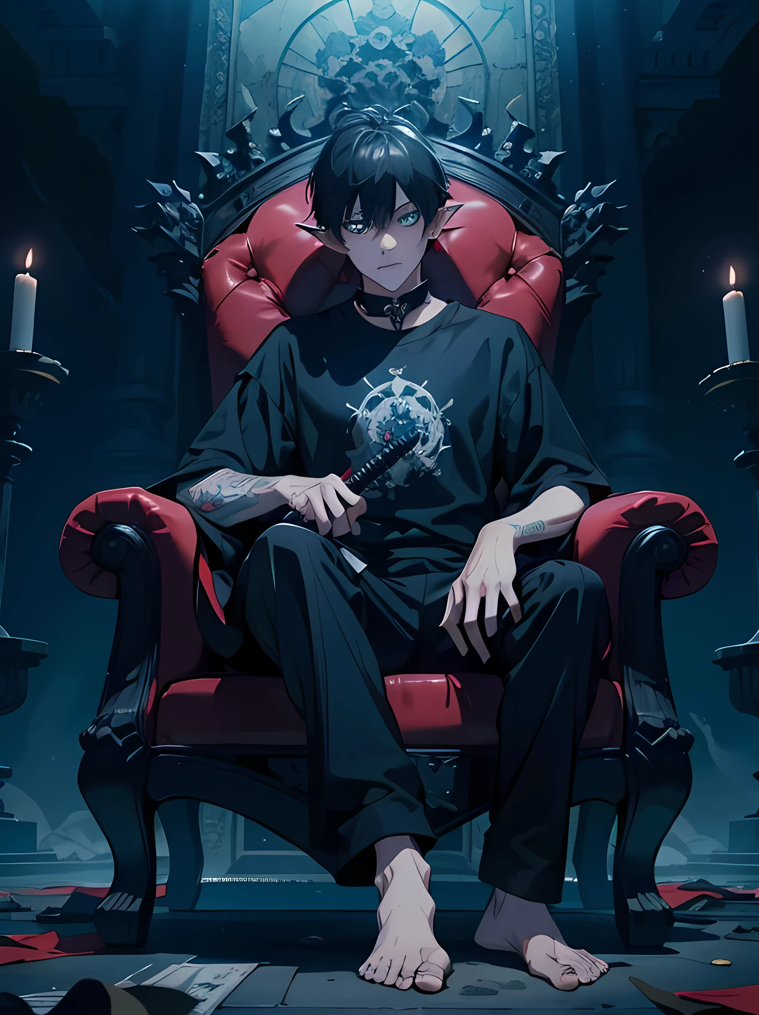 Black hair, blue-eyed, evil man sits on a majestic throne inside an abandoned palace. The environment around him is dark and gloomy, with evil blue eyes in the walls and cobwebs hanging there. The throne is ornate, with details in gold and precious stones, and is covered by a dusty cloth. The protagonist is wearing A tight t-shirt with Short-sleeved, black pants of a long tracksuit, bare feet, pointy ears, fangs, katana, with a kaneki expression on his face, as he stares at the horizon with glowing blue eyes, masterpiece, best quality, ultra-detailed, illustration, 8k resolution concept art, fantasy art, epic art, concept art wallpaper 4k, deep color, natural lighting