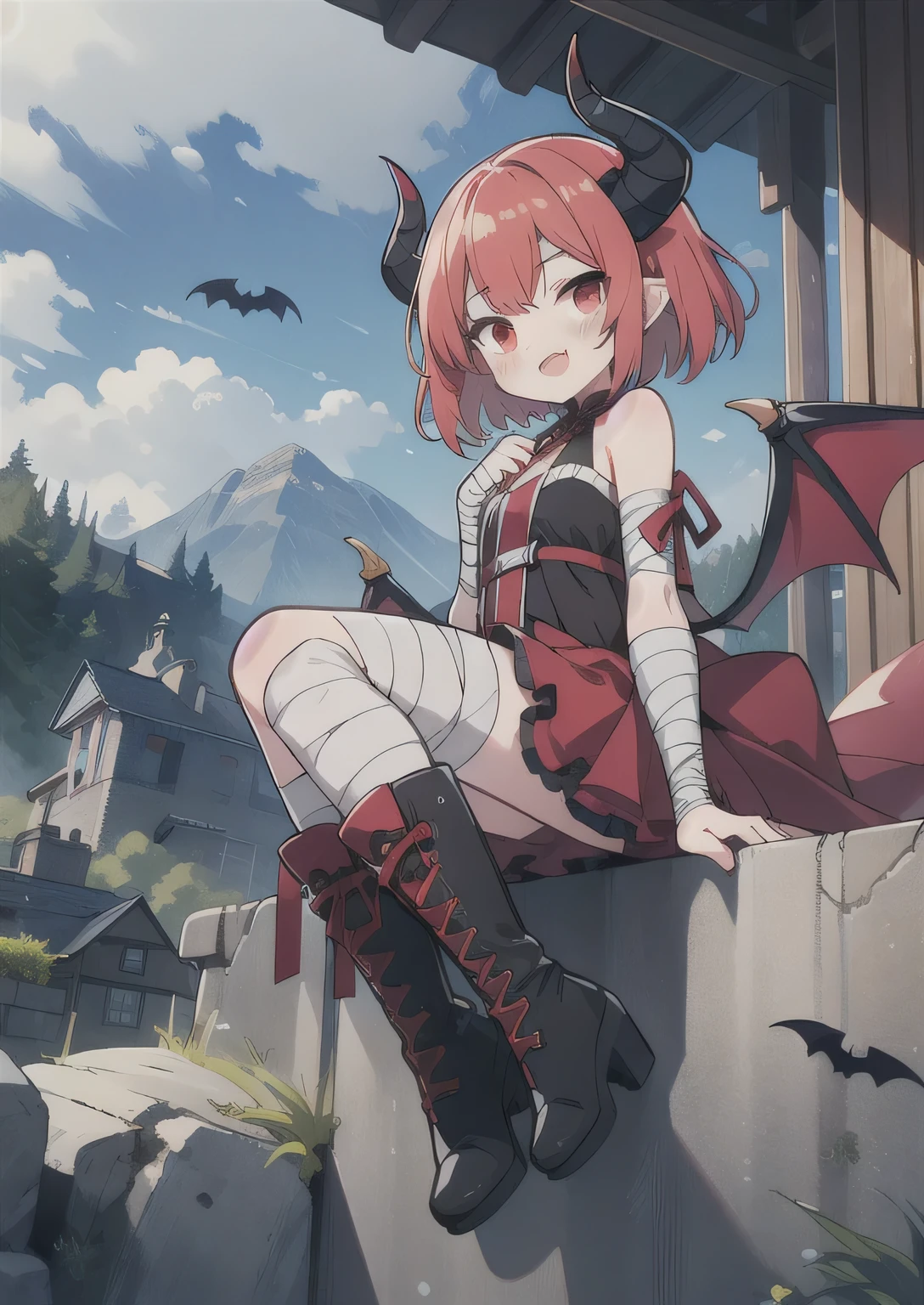 8K, 1girl, it, teeawaii vampire, crimson hair, short hair, red eyes, bat wings, smile, (blush), (shy), fang, boots, looking at viewer,  dynamic angle, wind, game cg, fantastic scenery, demon tail, black horns, in bandages 