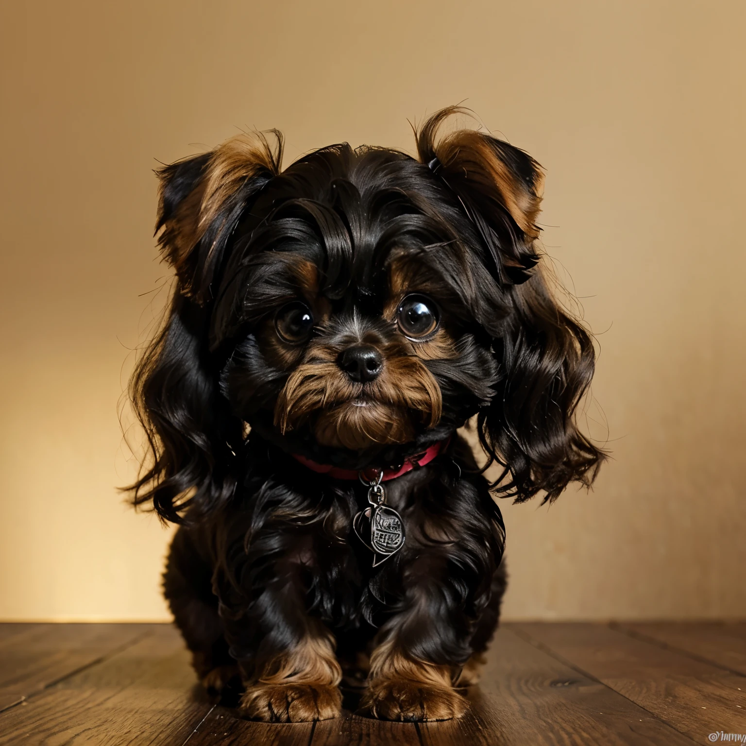 A happy solid gold Yorkie shih tzu mix puppy with a tiny adorable black curly fur poodle half her size. In Disney animation