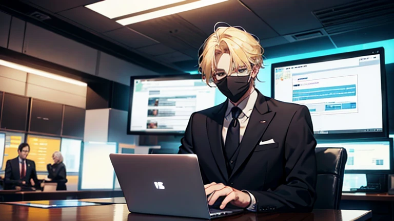 masked men wearing a suit , sitting in a youtube office , computers on table , front view , YOUTUBE , talking, blonde hair