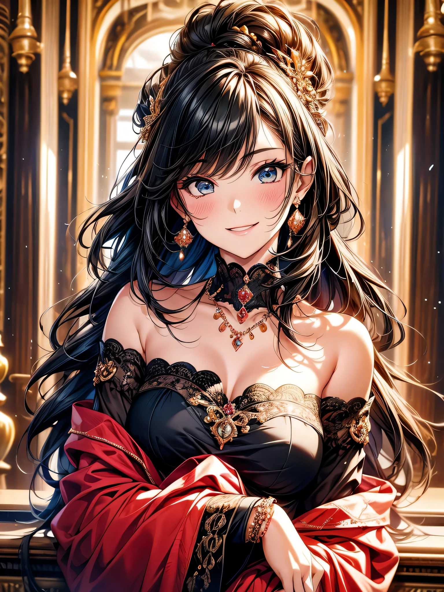best quality, masterpiece, Ultra-high resolution, Reality, 1 Girl, 30 years old, royalty, black hair, Off-shoulder, Smile