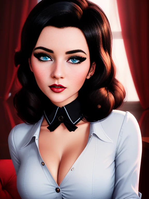 A stunning intricate full color portrait of Elizabeth Comstock, pale skin, black hair, blue eyes, wearing a button up blouse, deep cleavage,, seductive, portrait, by ilya kuvshinov, alessio albi, nina masic, sharp focus, natural lighting, subsurface scattering, f2, 35mm, film grain,  