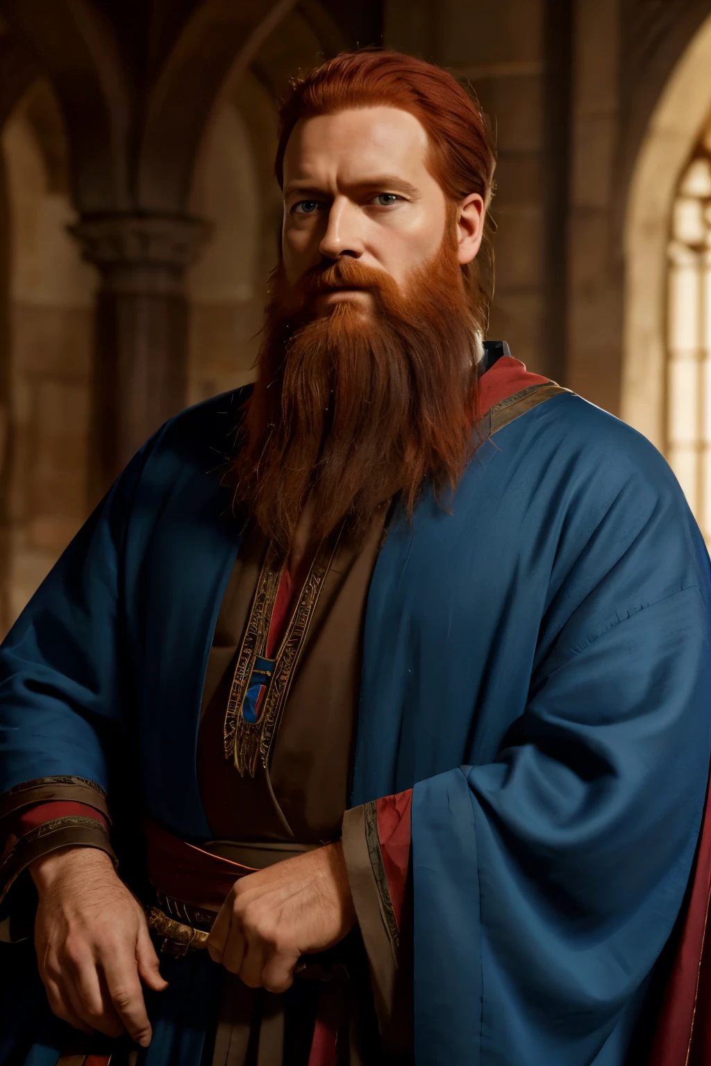 Arafed man with a blue crown and robe, red-haired and graying medieval king, red-haired beard, thinning beard, age 50 years, short hair, portrait of emperor of humanity, highly detailed character, painted in high resolution.