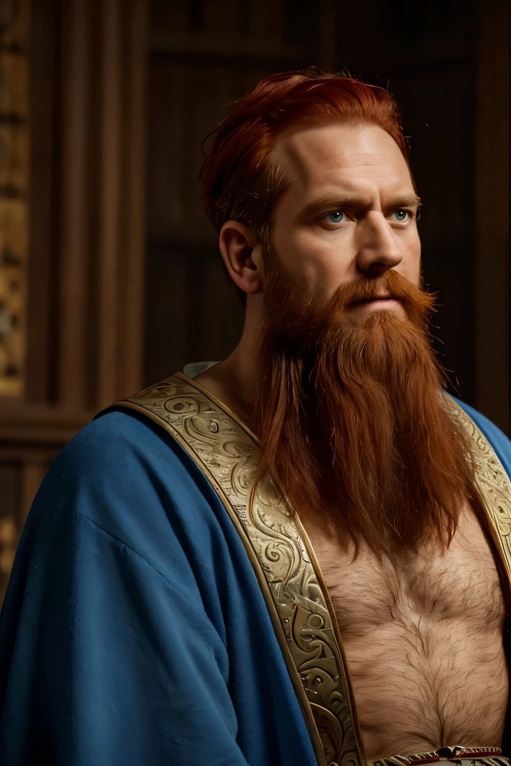 Arafed man with a blue crown and robe, red-haired and graying medieval king, red-haired beard, thinning beard, age 50 years, short hair, portrait of emperor of humanity, highly detailed character, painted in high resolution.