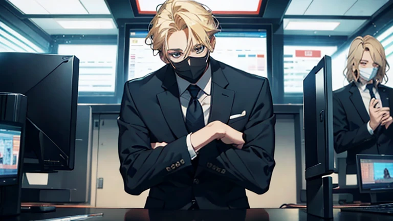 masked men wearing a suit , sitting in a youtube office , computers on table , front view , YOUTUBE , talking, blonde hair , making videos , alone