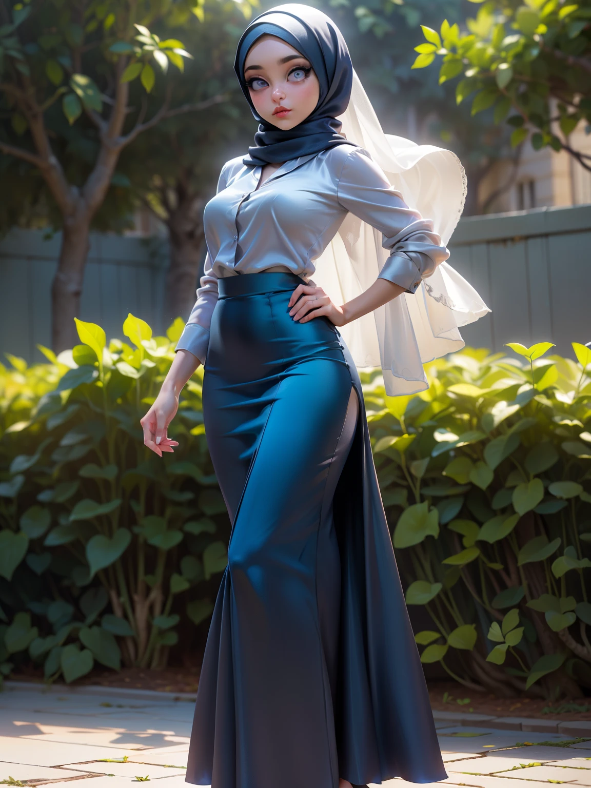((Masterpiece, best quality, photography, detailed skin, 8k, highly detailed, full body, High detail RAW color art, diffused soft lighting, shallow depth of field, sharp focus, hyperrealism, cinematic lighting, hijab, a woman, beautifully makeup, eyeshadow, beautiful big eyes, brown eyes, long eye lashes, sagging breast, saggy body, an evil gaze that seduces, wearing (Taupe satin hijab), loosely tide hijab style, ((gray satin shirt)), satin long maxi skirts, dancing, sakura garden, sakura falls
