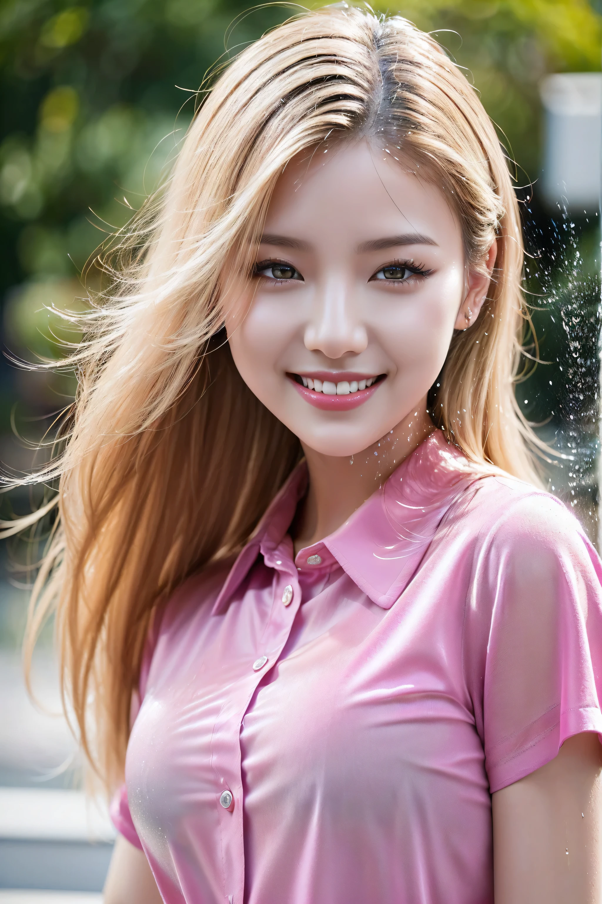 (Tabletop), ((portrait)), ((close up of her face)), (Realism), (photorealistic), (Highest resolution), (masterpiece), (best high quality real texture skin:1.2, A woman with velvety skin:1.2), 1. woman, Supermodel, , Japanese woman, high school girl, Skinny body, Perfect Anatomy:1.37, ((A soaked pink shirt:1.33)), (Soaking wet blonde:1.2), (Soaking wet hair:1.2), (Wet and shiny hair:1.3), ((Skin showing through a wet shirt:1.25)), (Most moist skin:1.2), ((Ultra-high resolution, Realistic water splashes:1.24)), (Perfect and most natural ultra-high resolution water splashes:1.2), (The happiest and funniest smile I've ever seen:1.3), ((very heavy rain:1.28)), ((heavy rain:1.29))、((dewey, Glowing Skin:1.25)), ((Soaking wet woman:1.24)), (((close up of her face:1.6))), (Strongly blurred vibrant Shibuya city background:1.1), (Strongly blurred background:1.1), ((Shut your mouth)), (Bright pale complexion), Symmetrical eyes, (the most absurdres quality eyes:1.25), ((the most absurdres quality natural beautiful cute sharp face), ultra insanel details:1.2), (light pale complexion), ((clear non blurry and sharp perfect round realistic brown_eyes:1.35)), ultra insanel details:1.15), ((finely detailed pupils:1.2)), Detailed lips:1.3, (long_blue_eyeliner:1.14), (pink_lipstick:1.28), ((The perfect dark_eyeshadow:1.4)), (Detailed nose:1.2), Perfect composition, (Flat Chest:1.21), (Slim lower body), ((Shiny blonde hair, ((pony tail)), extremely detailed:1.35)), Let your bangs hang long, ((Sharp focus)), dramatic cinematographic lighting, (the most abrurdres quality),