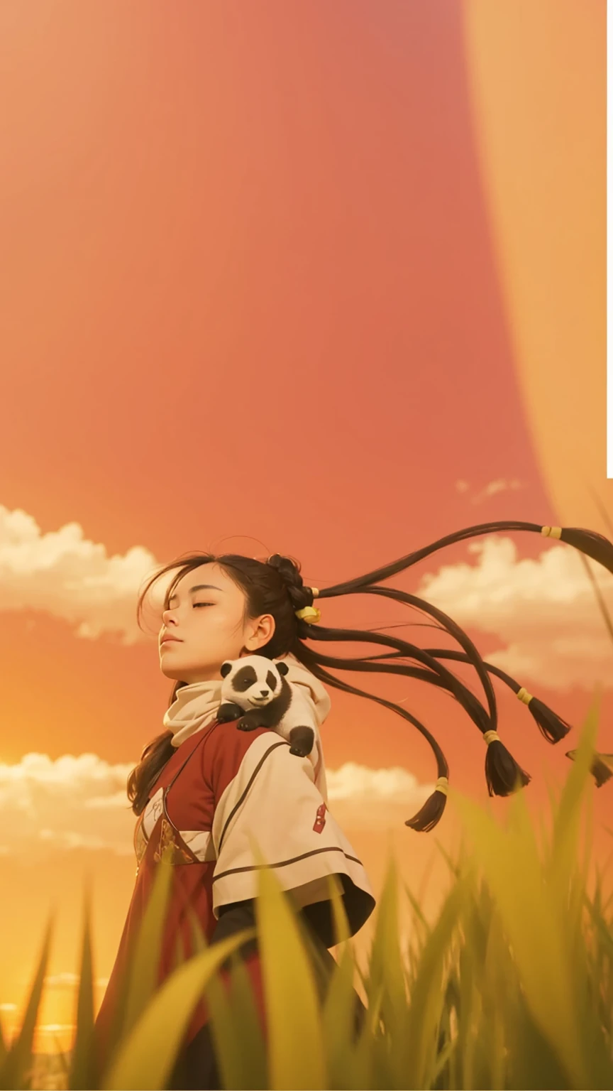 The scene opens with a young woman standing in a field of tall grass. She is wearing a simple, yet elegant, peach and pink dress. She has long dark hair, braided into multiple strands that flow down her back. Her expression is thoughtful as she gazes out at the sunset.
The sky is ablaze with vibrant colors, a mix of orange and red that creates a sense of warmth and beauty. The long, golden grass surrounding her rustles gently in the soft breeze.
The camera focuses on the woman’s face, her eyes reflecting the soft light of the setting sun. She appears to be lost in contemplation, her thoughts drifting as she watches the sun disappear on the horizon.
The scene ends with a slow zoom out, revealing that the woman is not alone. A small, fluffy panda is nestled against her back, its head resting on her shoulder. The panda seems to be sleeping soundly, unaware of the woman’s thoughts or the beauty of the sunset. The scene ends on a note of quiet solitude and tranquility.