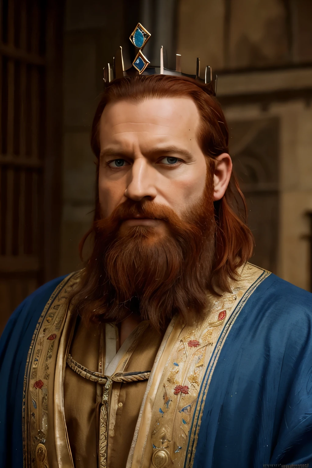 Arafed man with a blue crown and robe, red-haired and graying medieval king, red-haired beard, thinning beard, age 50 years, short hair, portrait of emperor of humanity, highly detailed character, painted in high resolution.