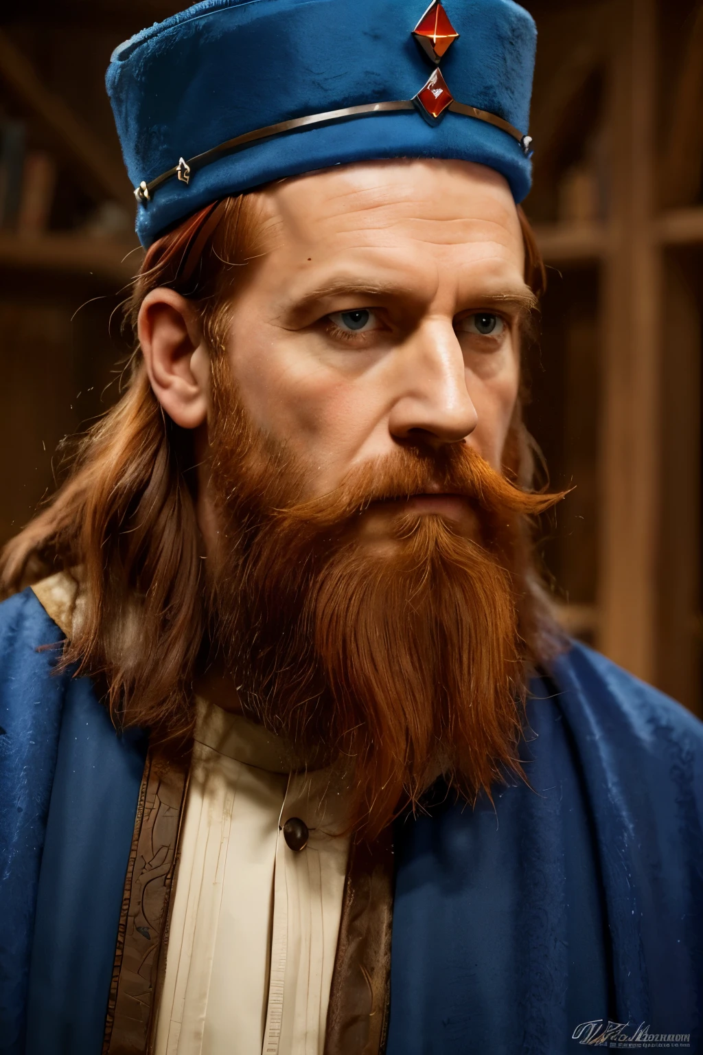 Arafed man with a blue crown and robe, red-haired and graying medieval king, red-haired beard, thinning beard, age 50 years, short hair, portrait of emperor of humanity, highly detailed character, painted in high resolution.