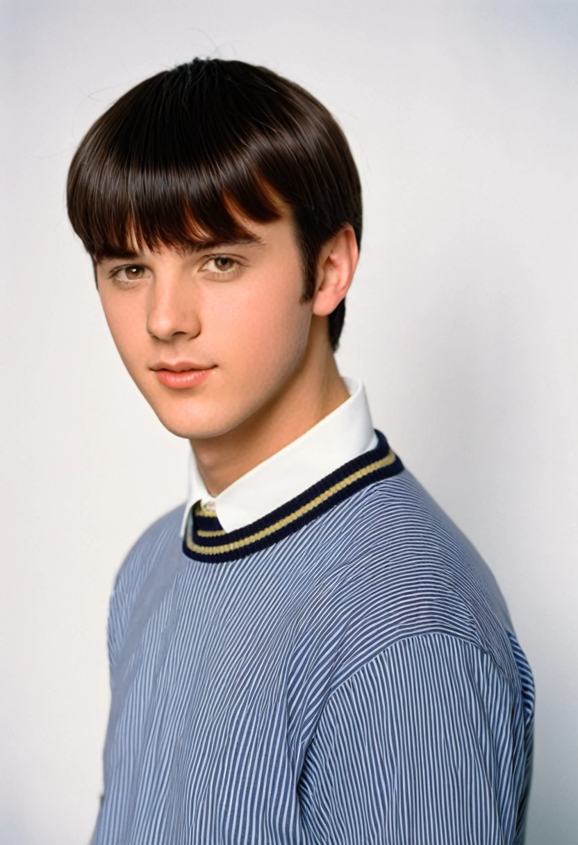 young man, twenty years old, short trimmed dark brown hair, bangs combed back, 1990s preppy clothing, photorealistic, realistic, photorealism, indoor, photo studio, natural light
