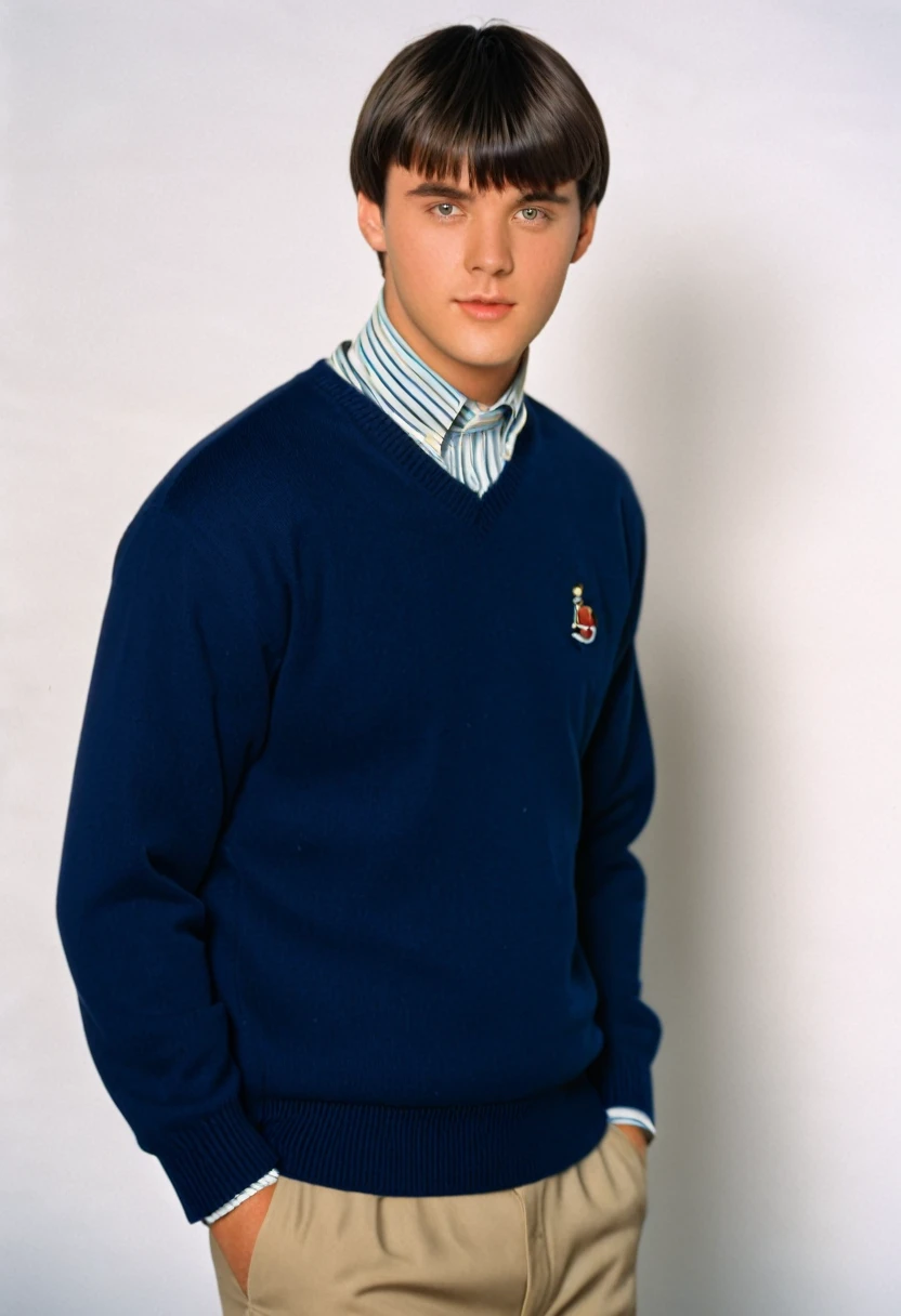 young man, twenty years old, short trimmed dark brown hair, bangs combed back, 1990s preppy clothing, photorealistic, realistic, photorealism, indoor, photo studio, natural light