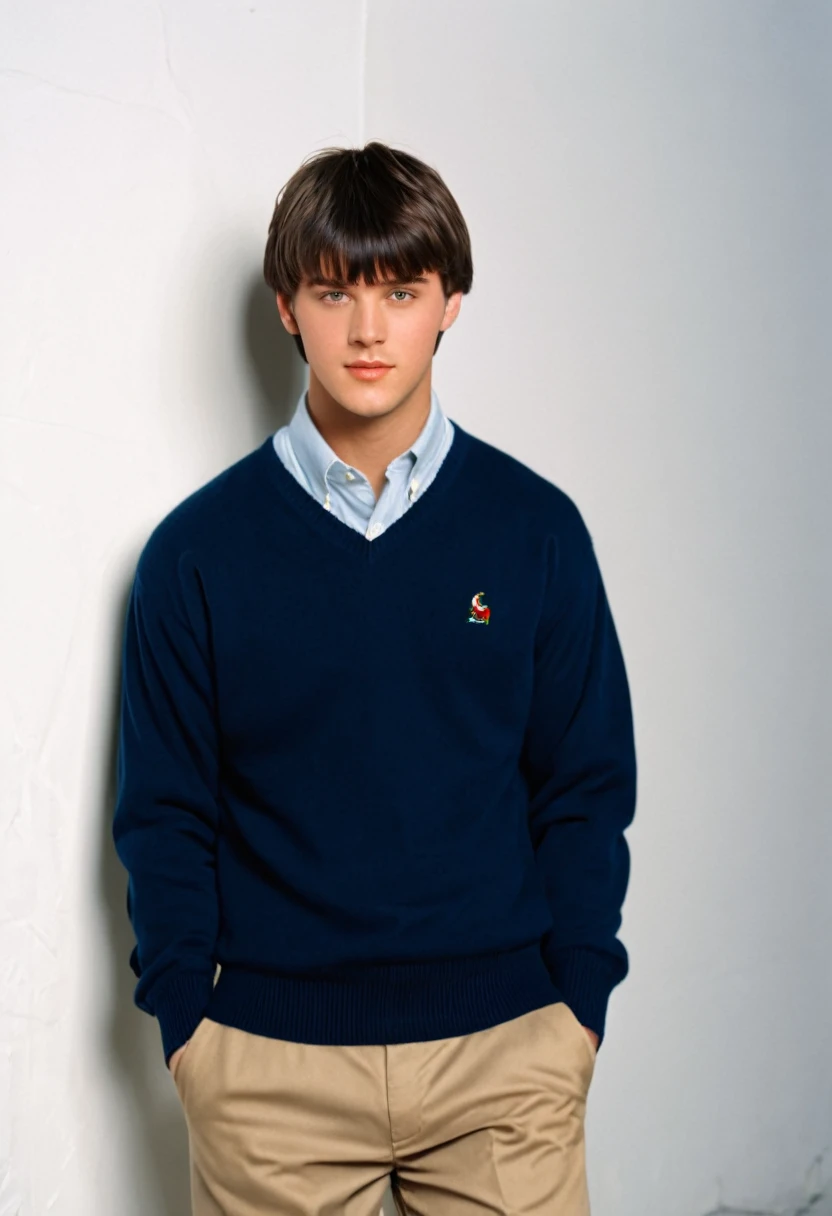 young man, twenty years old, short trimmed dark brown hair, bangs combed back, 1990s preppy clothing, photorealistic, realistic, photorealism, indoor, photo studio, natural light