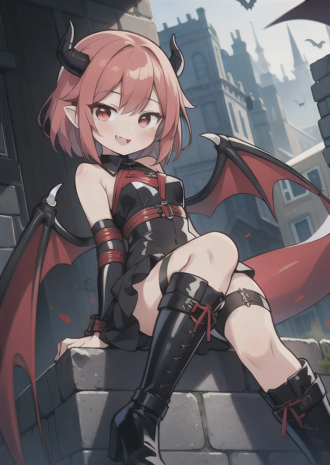 8K, 1girl. petit, teen, kawaii vampire, crimson hair, short hair, red eyes, bat wings, smile, (blush), (shy), fang, boots, looking at viewer,  dynamic angle, wind, game cg, fantastic scenery, demon tail, black horns, lewd, latex, sexy, bondage, succubus 