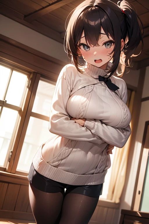 masterpiece, Awards, high quality, High resolution, HD, 4K,8K,high quality,(professional illustration:1.1),look at viewer,(large breasts:1.5),Tight clothe,smile,anime,(,petite:1.3),pov,reversal-views,(Uneven breasts,Breast biased by clothe:1.5),(Trisection of the breast:1.3),(fluffy breasts,tender breasts:1.3),Independently deformed breast,puffing out chest,breast focus,Dynamic perspective,half eyes,open mouth,ecstasy face,clothed,(short length sweater:1.3),shorts,long sleeves,side ponytail,messy hair,body tights