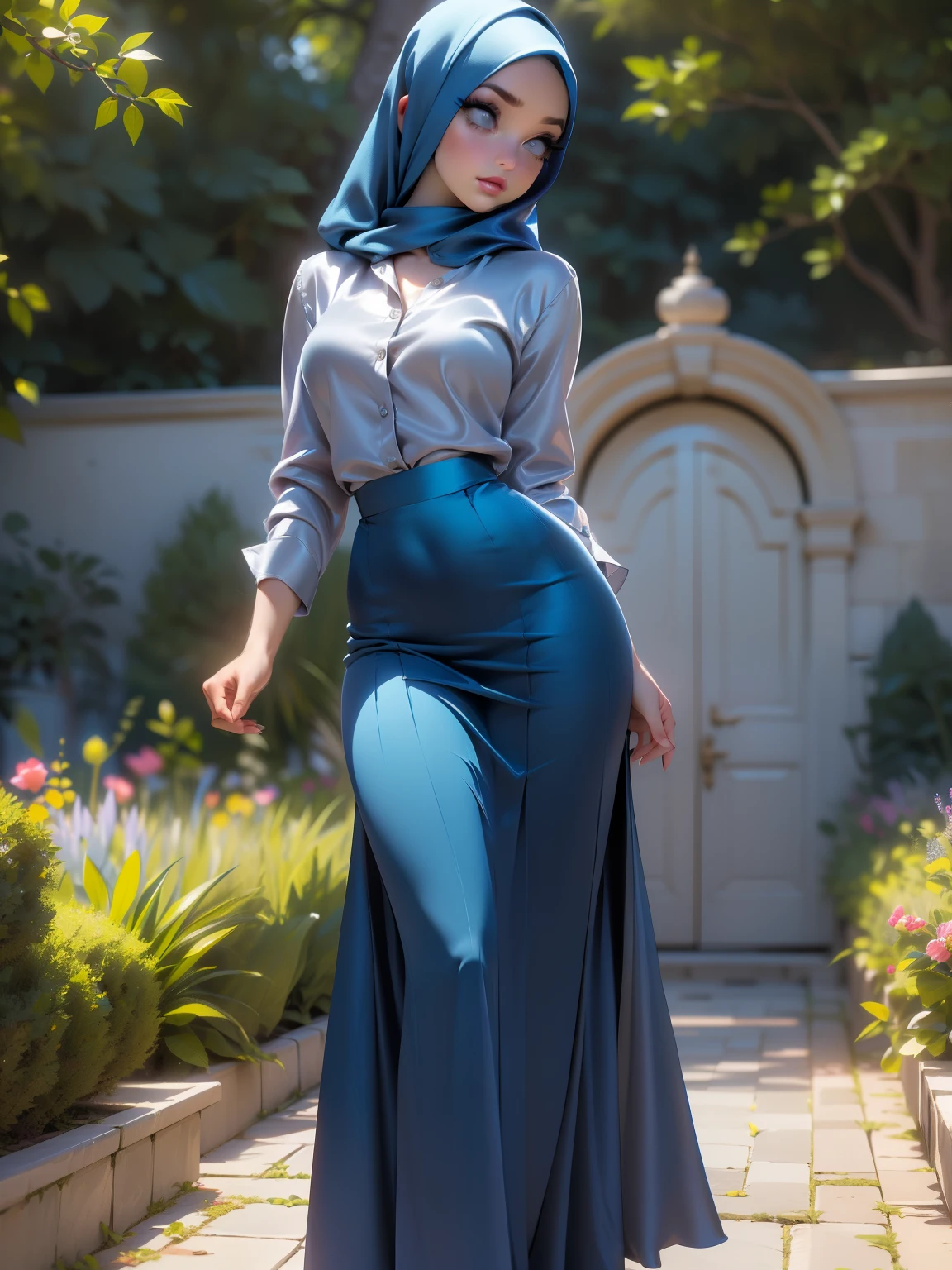 3DMM, ((Masterpiece, best quality, photography, detailed skin, realistic, photo-realistic, 8k, highly detailed, full length frame, High detail RAW color art, diffused soft lighting, shallow depth of field, sharp focus, hyperrealism, cinematic lighting, hijab, a woman in a beautifully makeup, smokey eyeshadow, beautiful big eyes, long eye lashes, wearing (Dark blue satin hijab), loosely tide hijab style, ((gray satin shirt)), ((satin long maxi skirts)), dancing under tree, garden