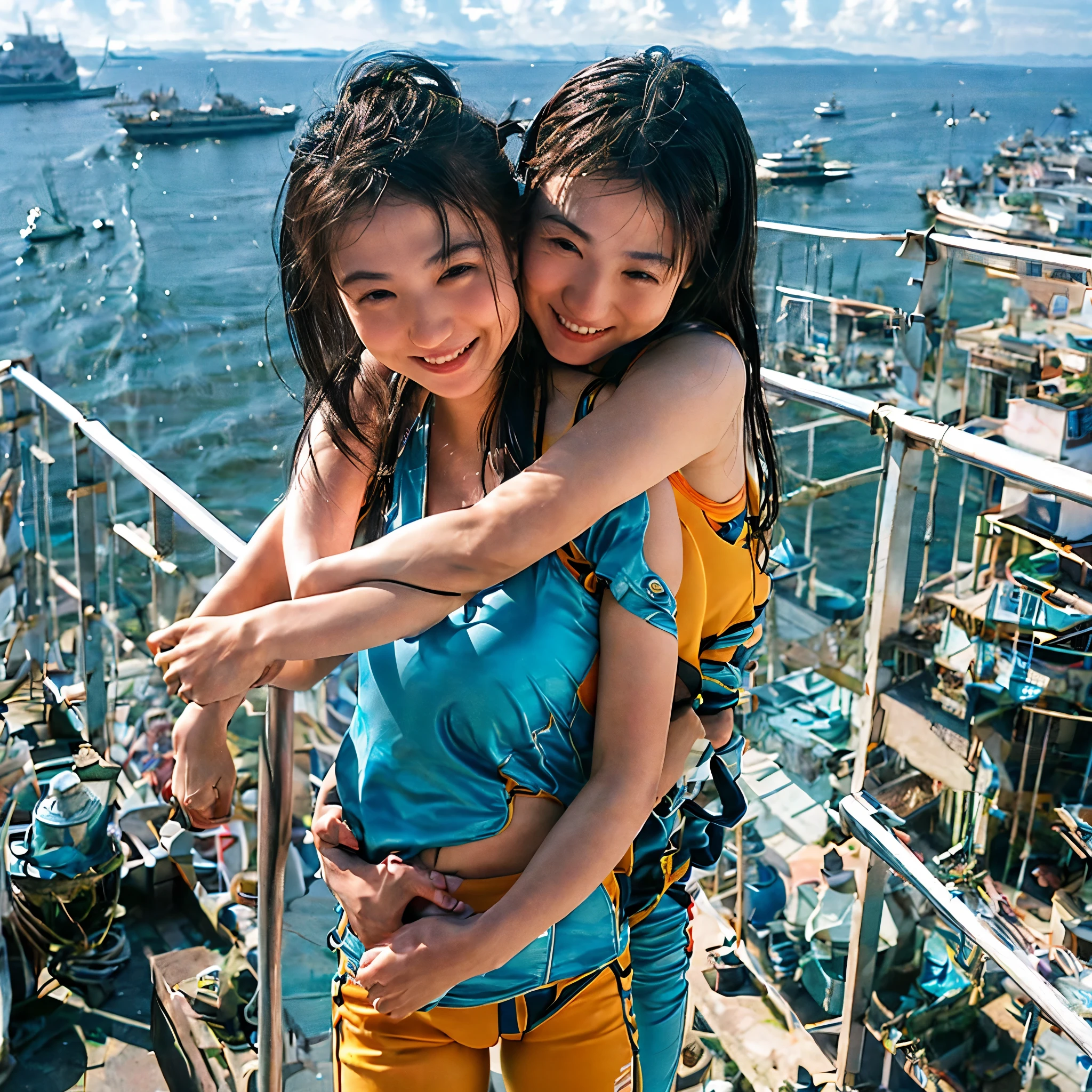 Identical twin sisters hugging、、,an(8K、Live Shooting、highest quality、masterpiece:1.2)、Super detailed、Super Resolution、(Hyper Reality、)Super detailed、Super Resolution、(Real、Actual Photos:1.47)、 exhilarating roofsuperior selfie of a confident woman with black hair in a long,She is beaming as she looks out over the city below.. This high angle,Fisheye shot of her in her climbing outfit、Emphasizing the spaghetti straps  superior,Climbing Pants,A glimpse of the distant sea、This aerial portrait is complete..,