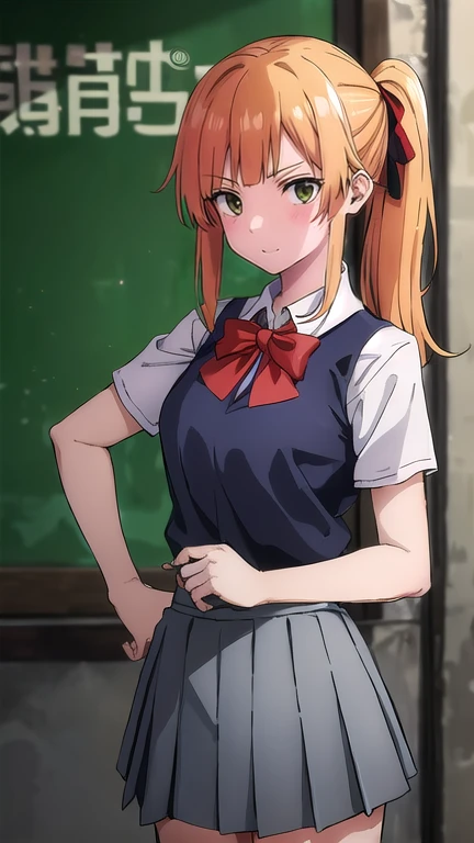 best quality,4k,8k,highres,masterpiece:1.2),umasterpiece,high quality,solo,
Orange hair, green eyes, 
gray skirt, whi sleeve blouse, red bow, , green zhongshan, high quality, school graffiti in the background. 