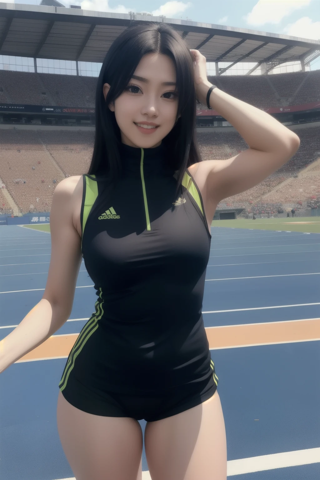 Mikoto Uchiha, beautiful woman runner, 22 years old, Get ready to run, Bend over to tie your shoelaces..........................., Long black hair, smile a little.................................., ((Wear a sleeveless sports hem........ ..................., turtleneck, black and blue shorts, (above the chest))) , The abdomen has sensual lines..........................., black running shoes, in the stadium stands, anime, high resolution, (busty), sexy ass, Beautiful thighs, (Underside of breasts uncovered),