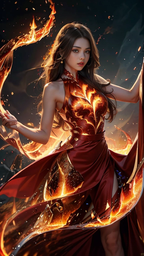 8K, ultra detailed, masterpiece, 1 fire girl, good face, detailed eyes, very long hair, (fire dress:1.8), red dress, (spreading fire:1.5), (flame aura:1.4), flame in hands, perfect body,