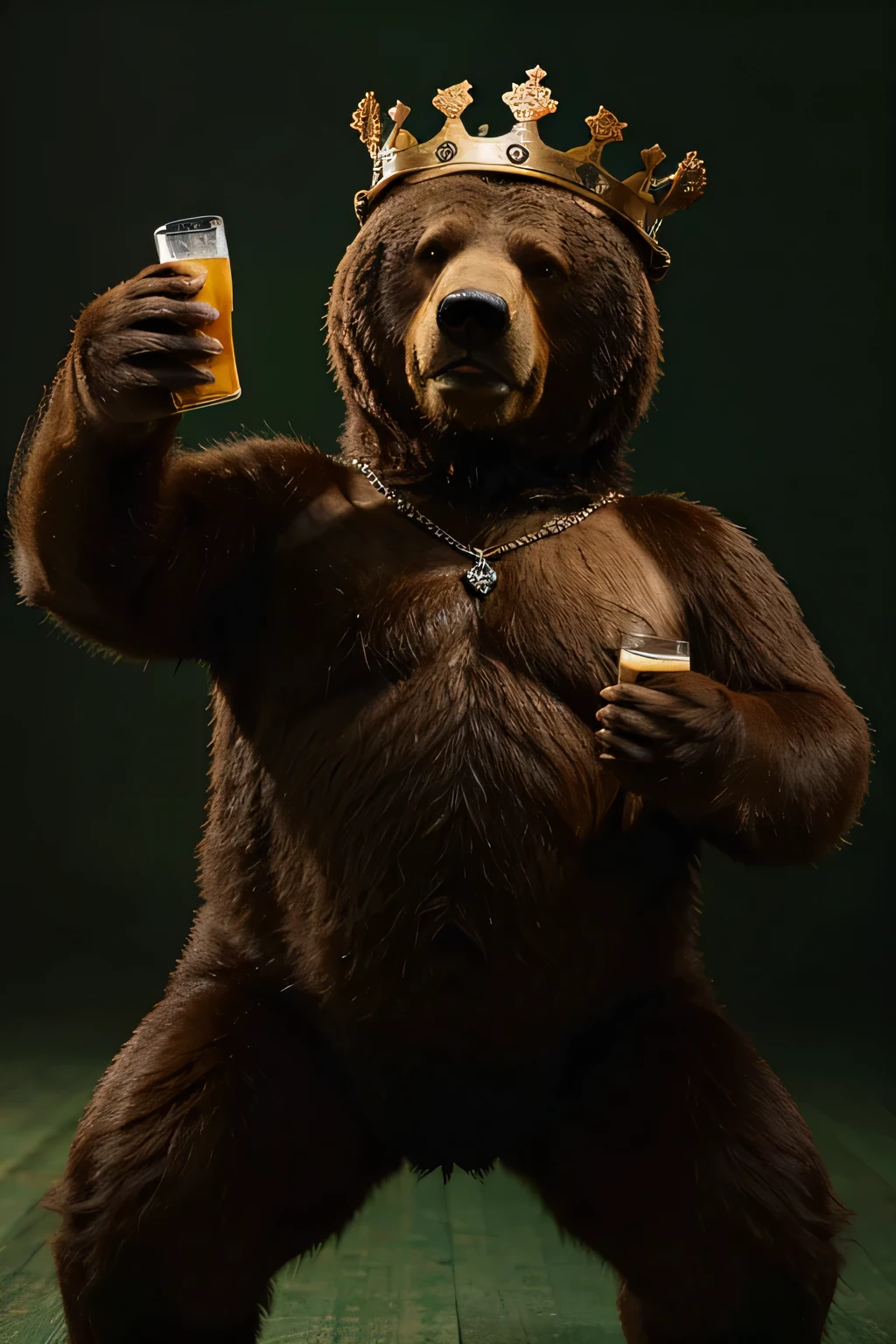 a bear dancing, drinking beers and with a crown on his head (King Bear) and a completely green background