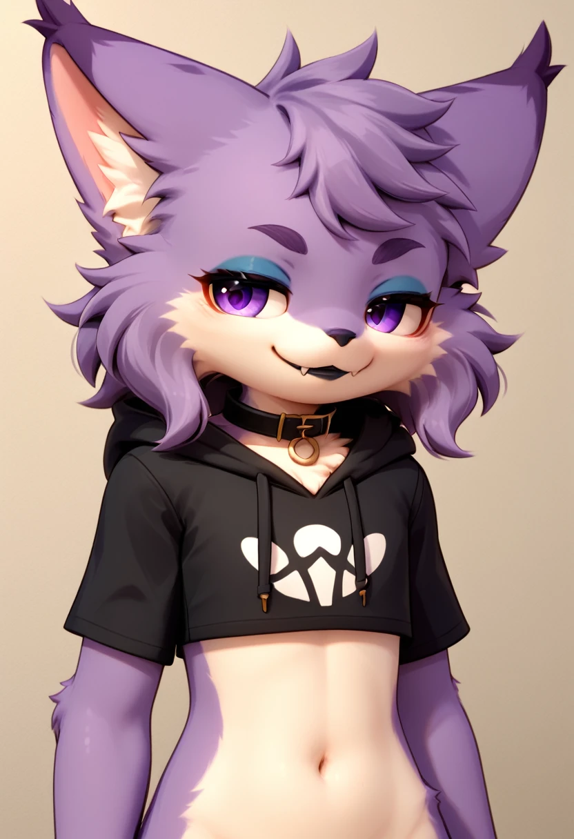 score_9,score_8_up,score_7_up, anthro lynx, furry art, medium hair, head tuft, shirtless, ((shota)), (purple fur), purple body, ((soft body)), fuzzy, one fang, medium hair, wavy hair, purple eyes, solo focus, kemono, cute, eyeliner, eyelashes, Eyeshadow, black lipstick, collar,  young, narrowed eyes, between legs, 3d, blender software, hoodie, smug face, fullbody, floppy ears, crop top, navel,