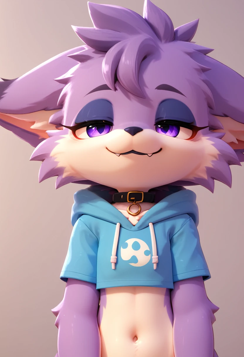 score_9,score_8_up,score_7_up, anthro lynx, furry art, medium hair, head tuft, shirtless, ((shota)), (purple fur), purple body, ((soft body)), fuzzy, one fang, medium hair, wavy hair, purple eyes, solo focus, kemono, cute, eyeliner, eyelashes, Eyeshadow, black lipstick, collar,  young, narrowed eyes, between legs, 3d, blender software, hoodie, smug face, fullbody, floppy ears, crop top, navel,