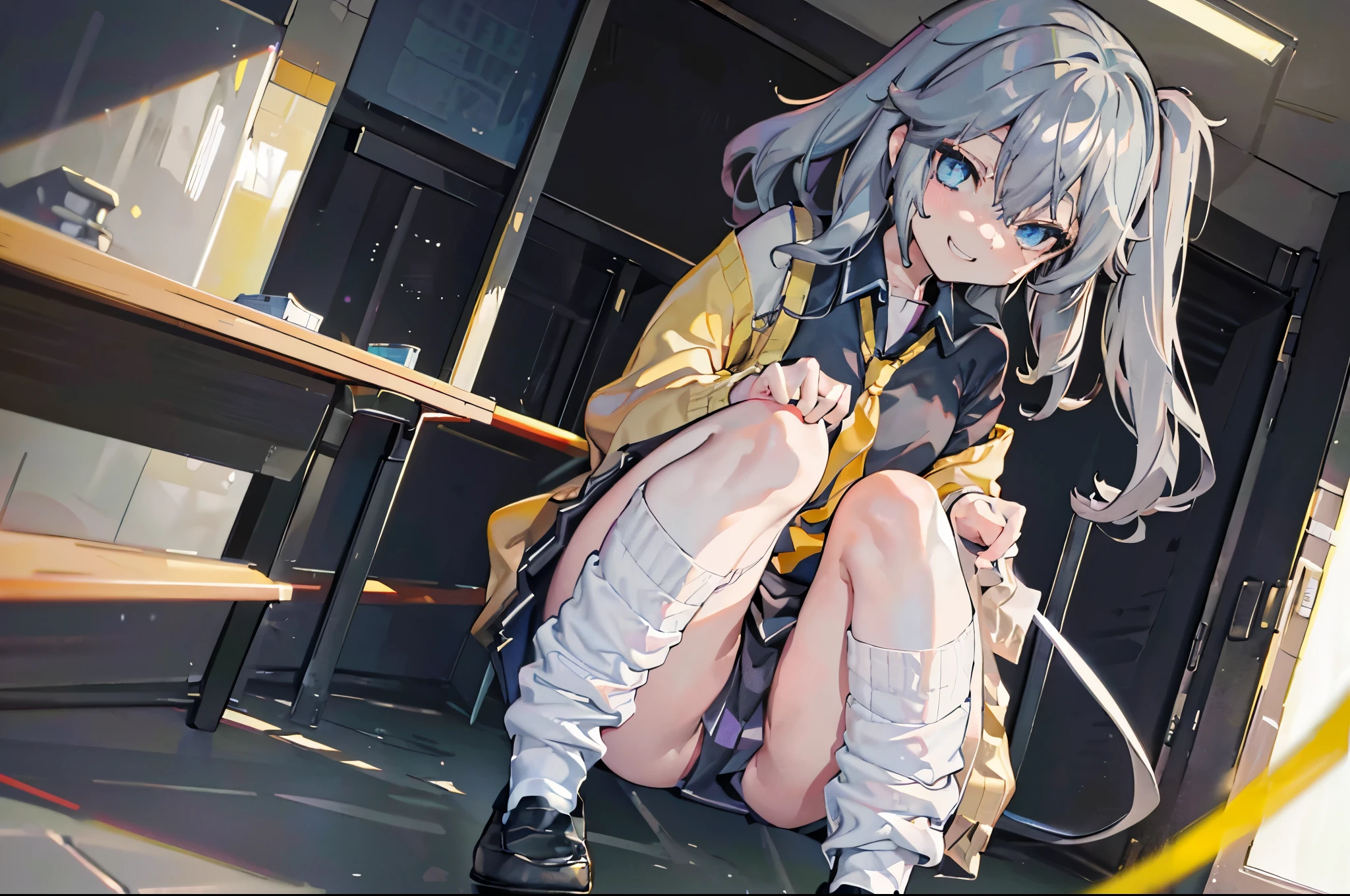 (8k、Best image quality、highest quality、masterpiece)、Detailed face、 1 girl、kasukabe tsumugi、Grey Hair、Side Tail、Light blue eyes、evil smile、((Grin))、Small breasts、((Black Shirt))、Yellow tie、Yellow cardigan、((micro miniskirt))、((white baggysocks))、Loafers、squatting、open legs、Classroom Background