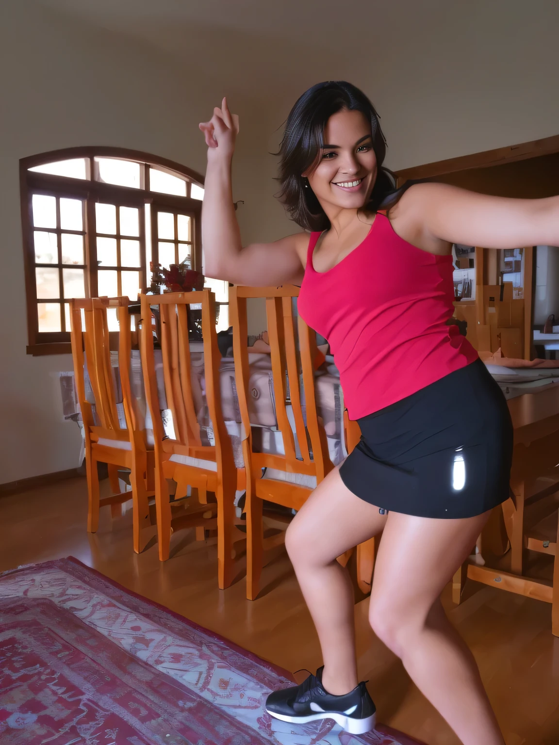 In the center of a cozy living room, a beautiful light brunette and tanned woman is captured in full dance movement, striking a cheeky pose, attacking the camera :4, she is dancing, cottagecore!! fitness body, slim latin woman dancing, dancing in the background, frenetic dance pose, jumping with her arms up, sassy pose, triumphant pose, as if she is dancing, she is dancing. She is dressed in a vibrant red tank top and black shorts/skirt, her outfit contrasting with the warm tones of the wooden furniture around her. The room itself exudes a cozy feel with wooden flooring and furniture, including a dining table for four. A rug sits on the floor in front of the table, contributing to the comfortable atmosphere of the space. Woman with white skin, tanned, around 40 years old and dark hair, measuring 164 cm tall and weighing around 55 kg, highly realistic, reddish skin, hyperrealism, very elaborate skin, full body photo, clear photo, tall quality, high resolution, masterpiece, (photographically realistic) UHD, high contrast, masterpiece 16K: 1.3, high resolution, (photographically realistic), NUDE, NUDITY, NFSW.