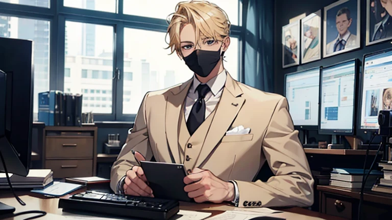 blonde hair masked men , wearing a suit , sitting in a office with computers on his table , editing videos alone in a private home office