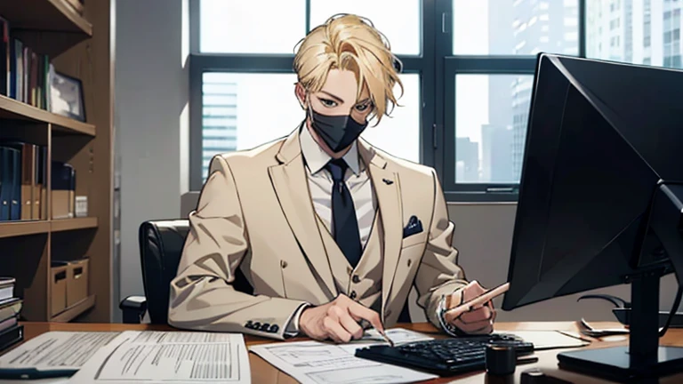 blonde hair masked men , wearing a suit , sitting in a office with computers on his table , editing videos alone in a private home office