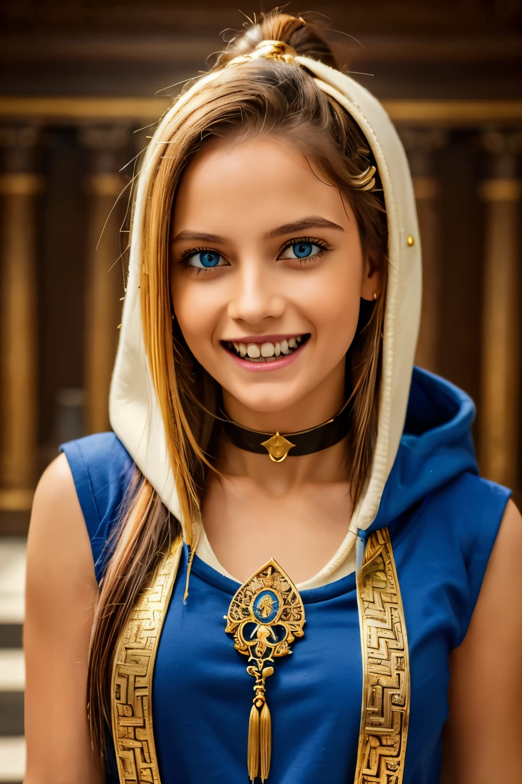 (masterpiece, best quality), intricate details,, 1girl, Gura, multicolored hair, blue eyes, shark hair ornament, gold hair ornament, gold choker, gold bracelet, sharp teeth, grin, blue hoodie,, greek clothes, peplos,