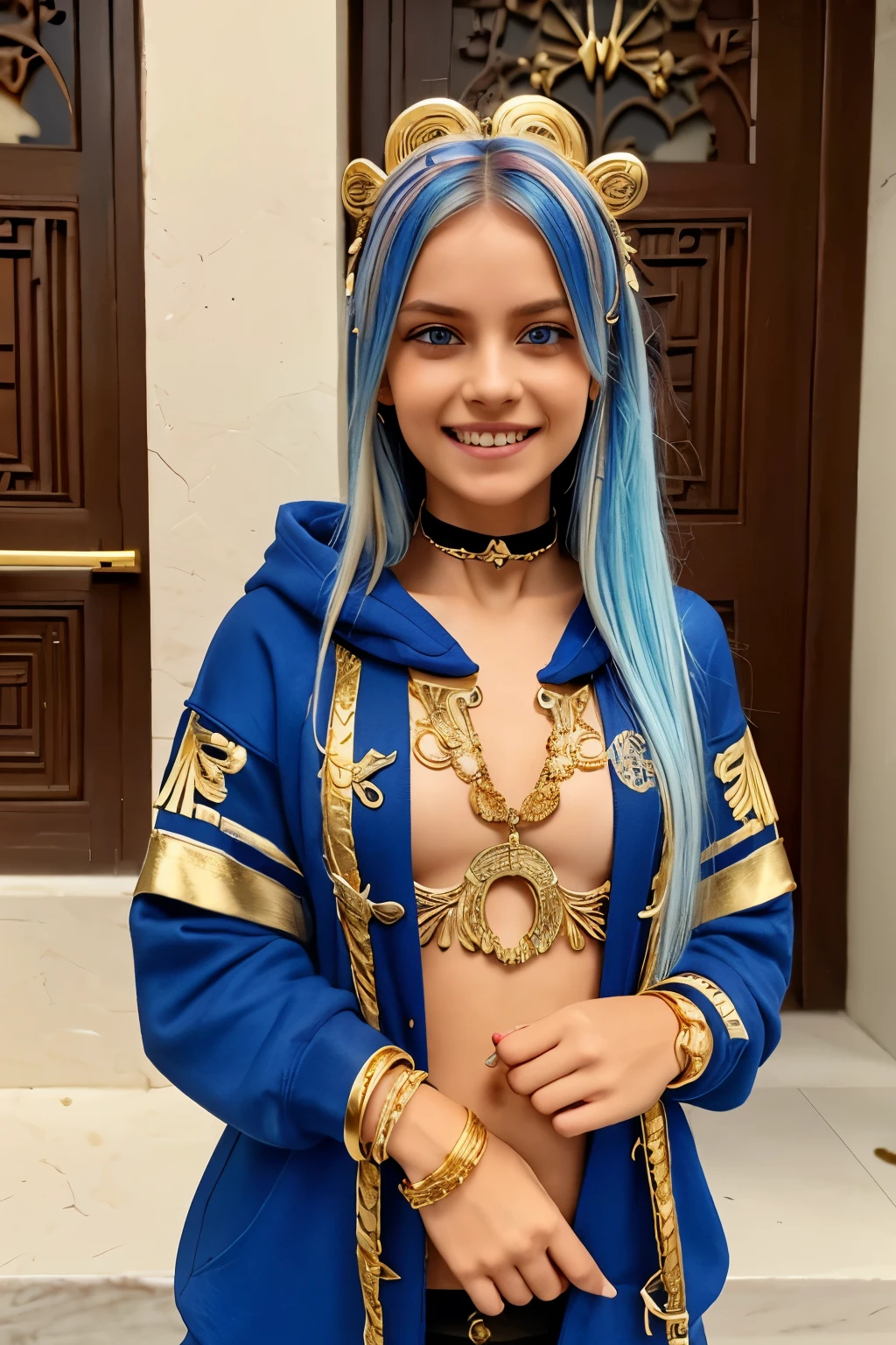 (masterpiece, best quality), intricate details,, 1girl, Gura, multicolored hair, blue eyes, shark hair ornament, gold hair ornament, gold choker, gold bracelet, sharp teeth, grin, blue hoodie,, greek clothes, peplos,