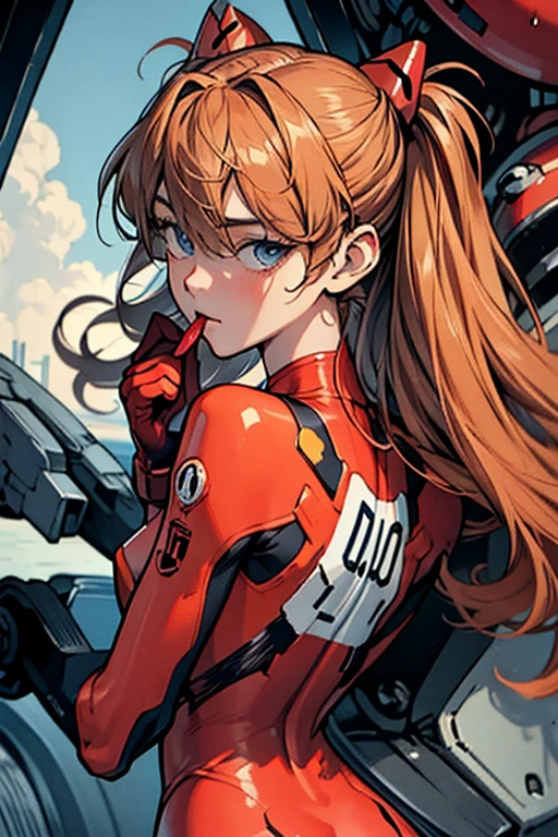 (Masterpiece), Best quality, Expressive eyes, Perfect face, 1girl, Single, souryuu asuka langley, headphone interface, Red suit, Acquaintance, bad situation, Laboratory background, Upper body, painting, From behind, she was raped with a penis in her mouth and inside her vagina