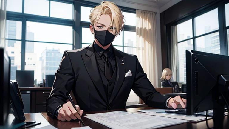 blonde hair masked men , wearing a black suit , sitting in a office with computers on his table , editing videos alone in a private home office