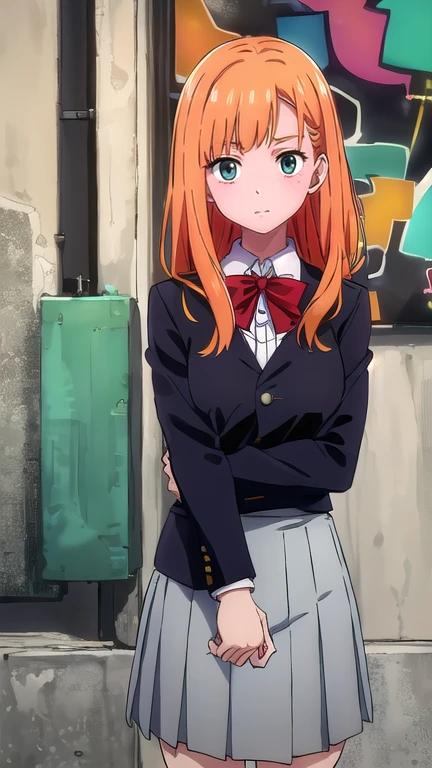 best quality,4k,8k,highres,masterpiece:1.2),umasterpiece,high quality,solo,
Orange hair, green eyes,
gray skirt, white long sleeve blouse, red bow, , green blazer, high quality, school graffiti in the background.